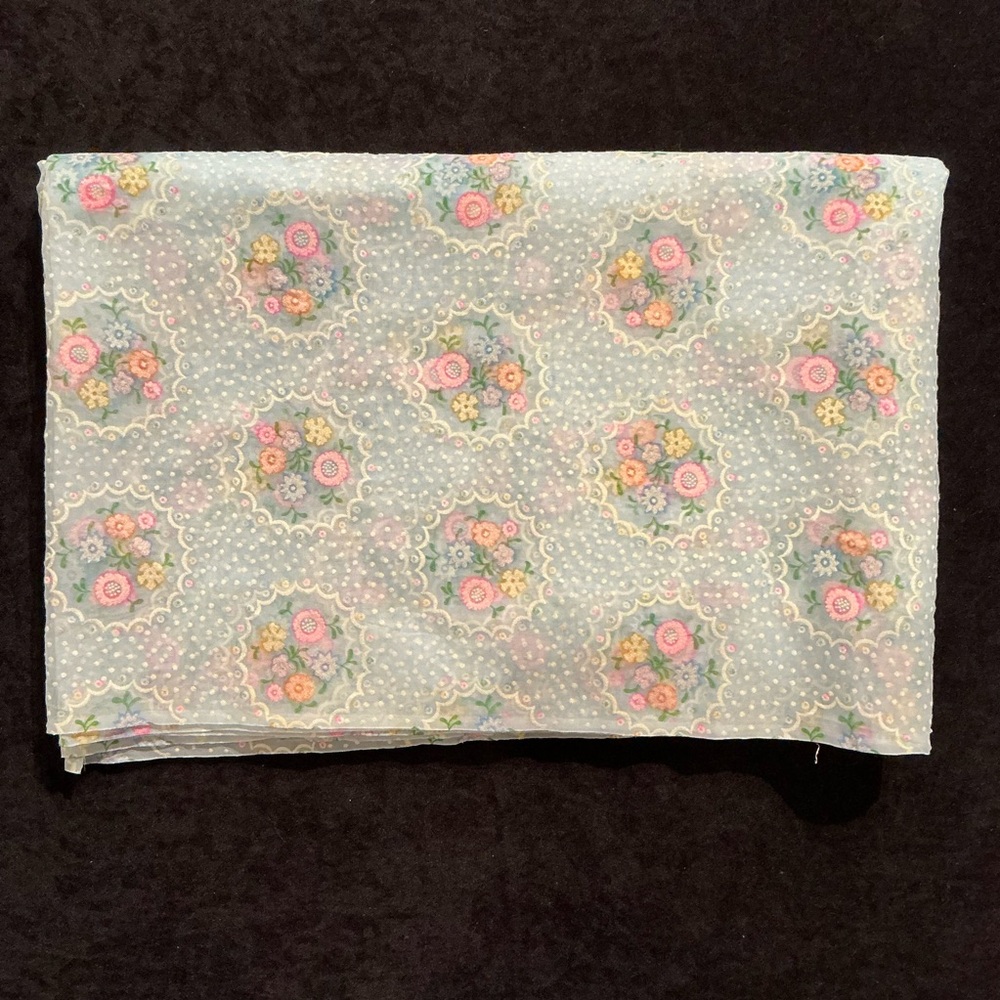 Vintage flocked sheer blue floral fabric
